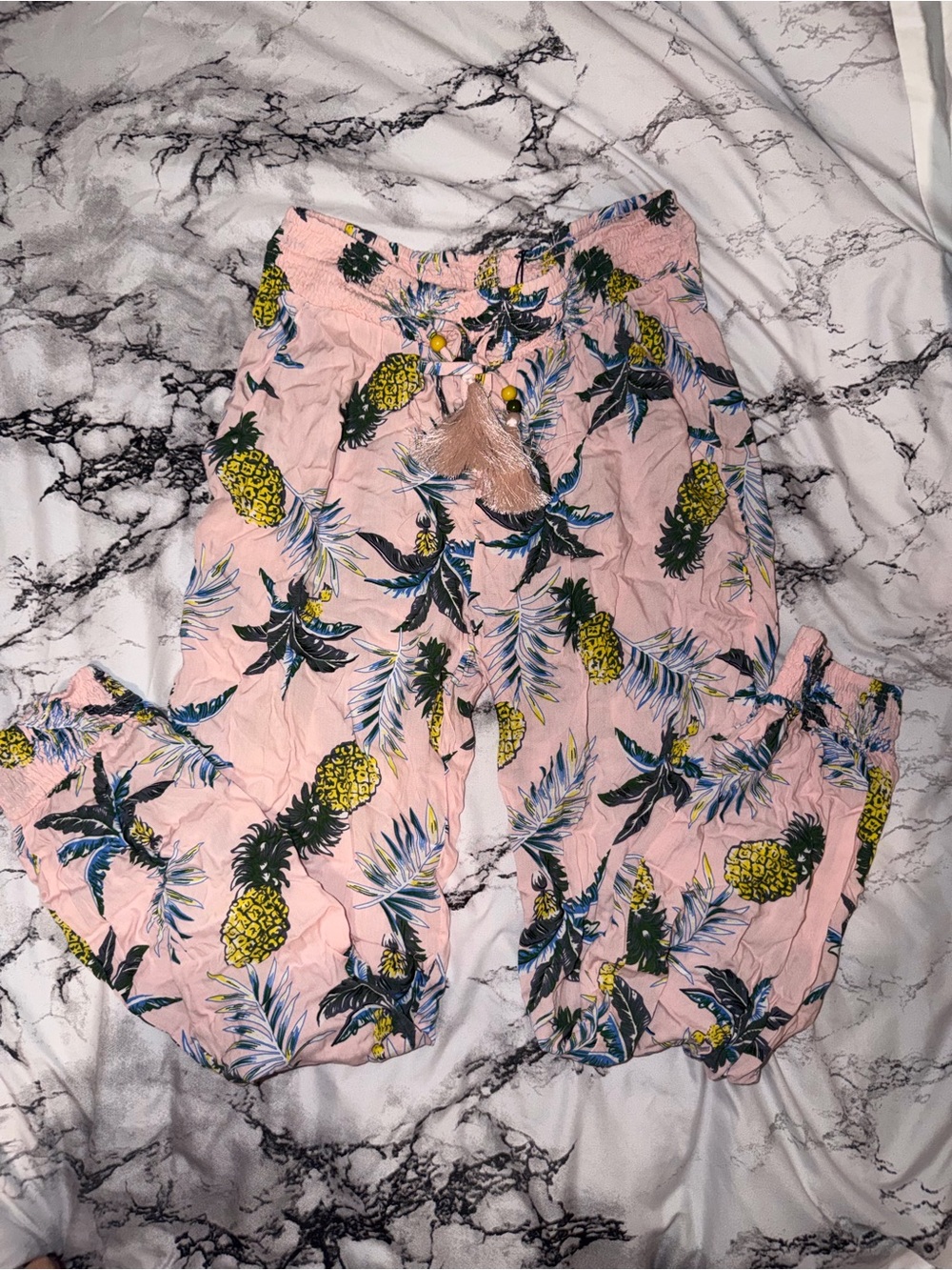 Pink Pineapple Print Swim Coverup Pants with Tassel Tie